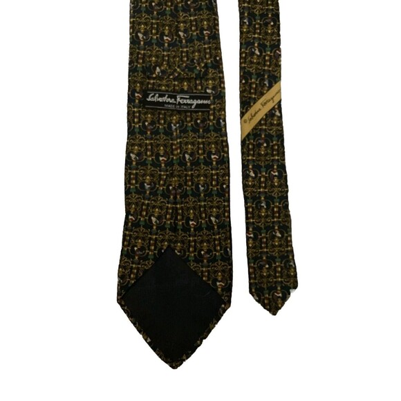 Salvatore Ferragamo Necktie Red Green Gold Ornate Bird Design on Navy Blue Rare - Picture 4 of 5